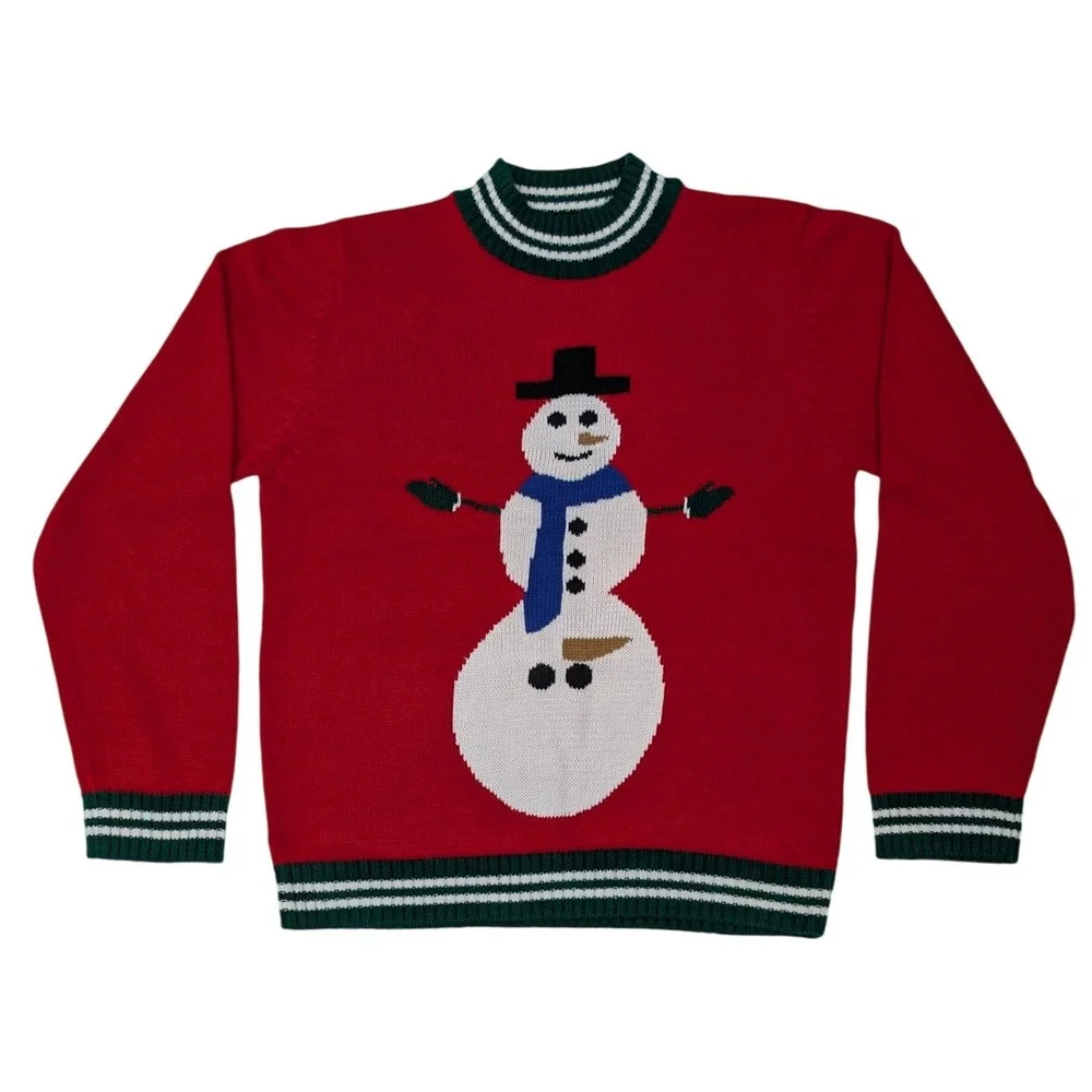 Men's XL Snowman Red Christmas Sweater‎ Long Sleeve Green White Stripe Collar